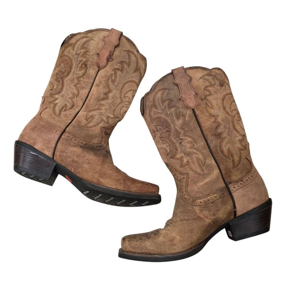 Justin Western Boots Women's 10 Brown Leather Mid-Calf Square Toe Cowboy Outdoor